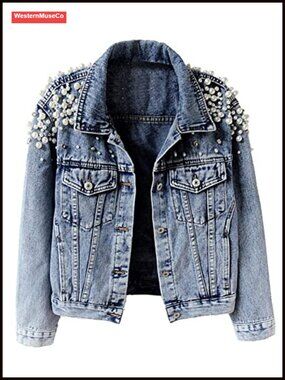 Pearl Beaded Embroidered Denim Jacket Button Up Women's
